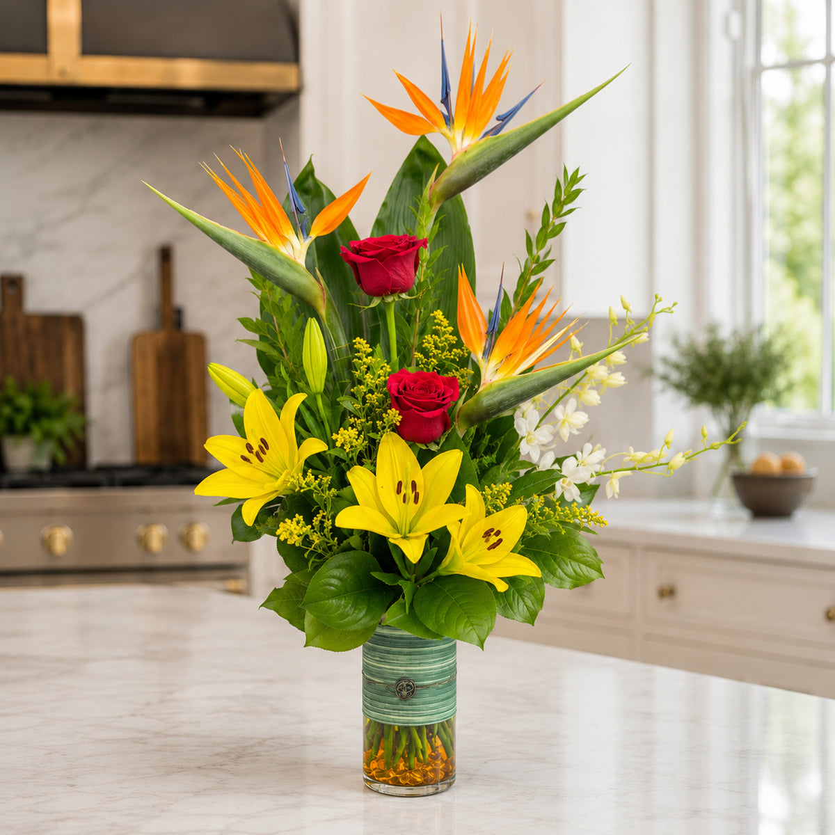 Vibrant mixed floral centerpiece by Tiger Lily Flowers & Gifts