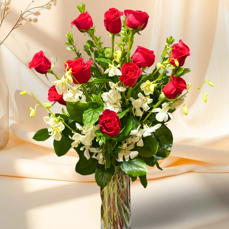 Red Roses with Orchids