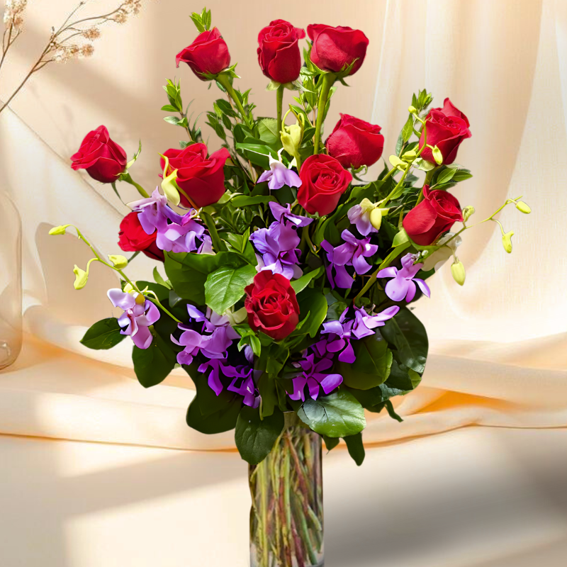 Red Roses with Orchids