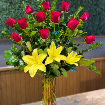 red rose and tiger lily bouquet Roses with Lilies