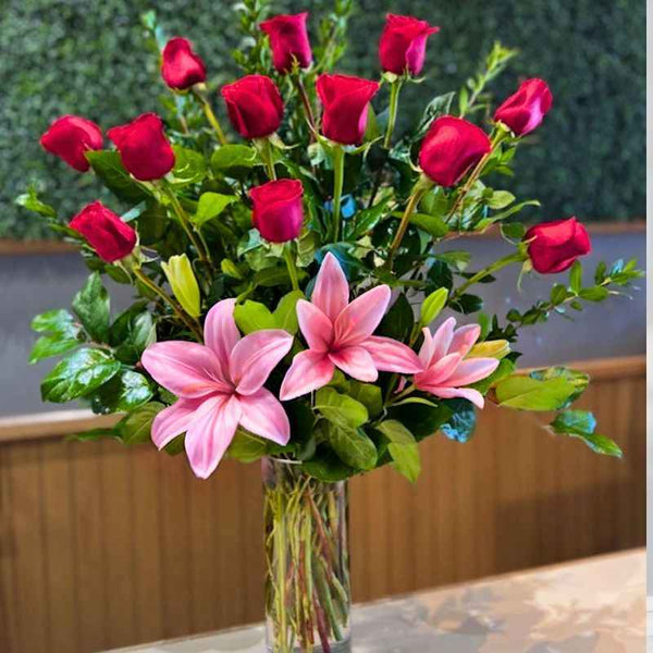 pink tiger lily flower bouquet Roses with Lilies