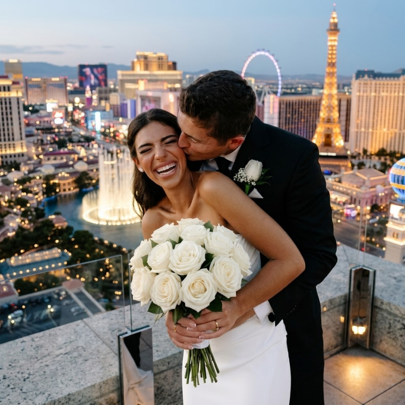 Bride with eight bridesmaids in champagne satin dresses holding wedding bouquets on a lawn in Las Vegas