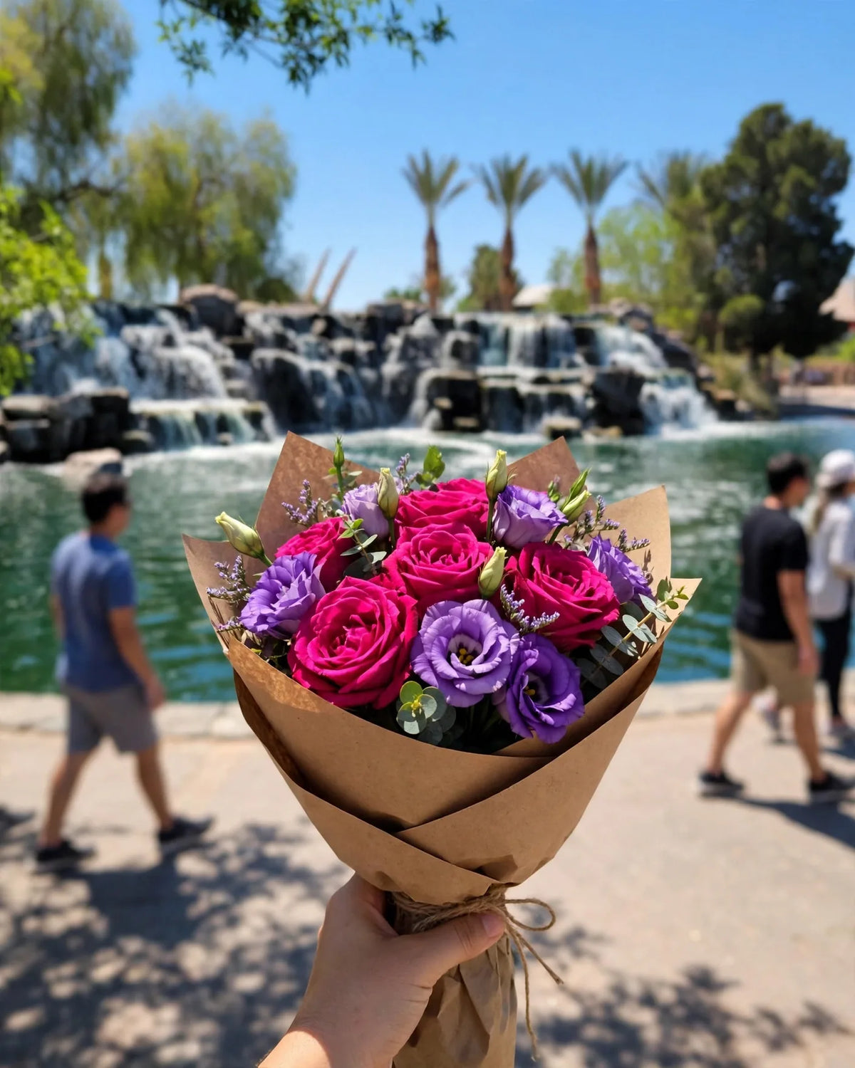 Kraft-wrapped bouquet of magenta roses and purple lisianthus by the waterfall lake at Aliante Nature Discovery Park in North Las Vegas
