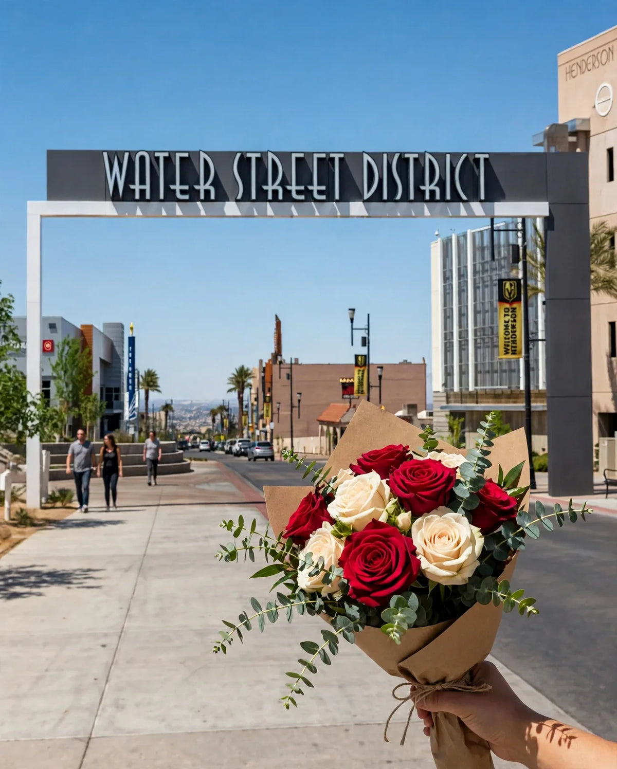 Bouquet of crimson and cream roses held at the Water Street District gateway sign in Henderson