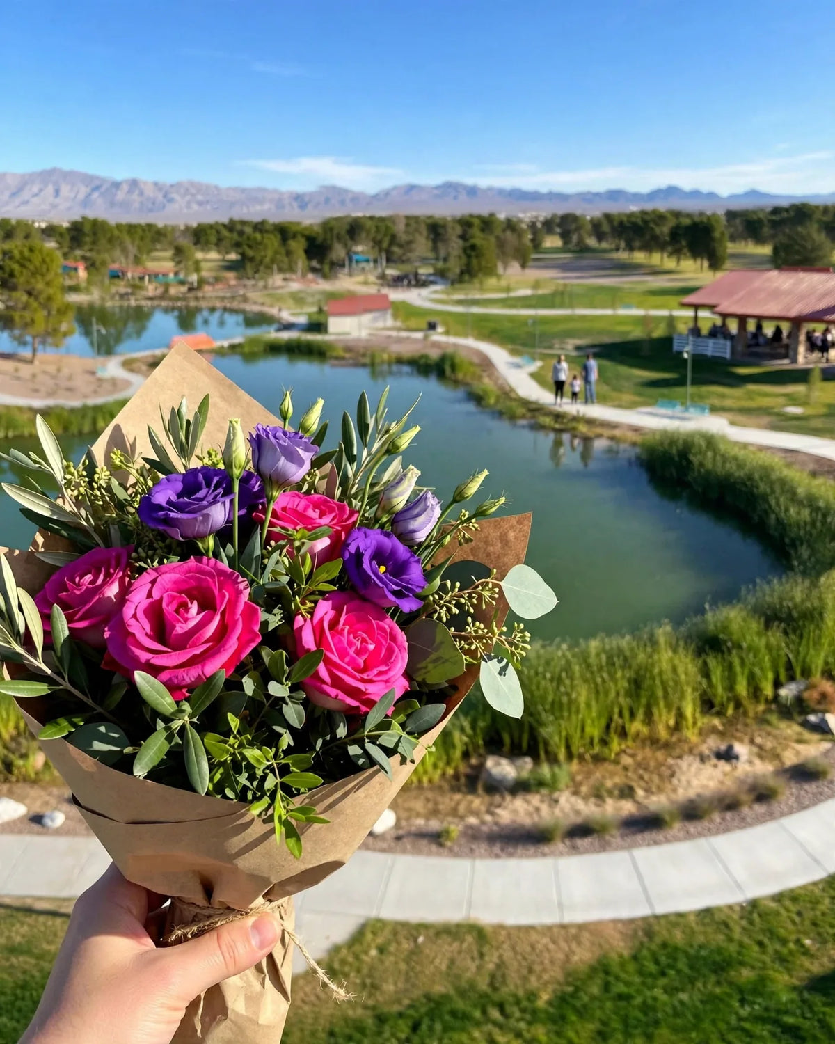 Bouquet of magenta roses and purple lisianthus on the pond path at Craig Ranch Regional Park in North Las Vegas