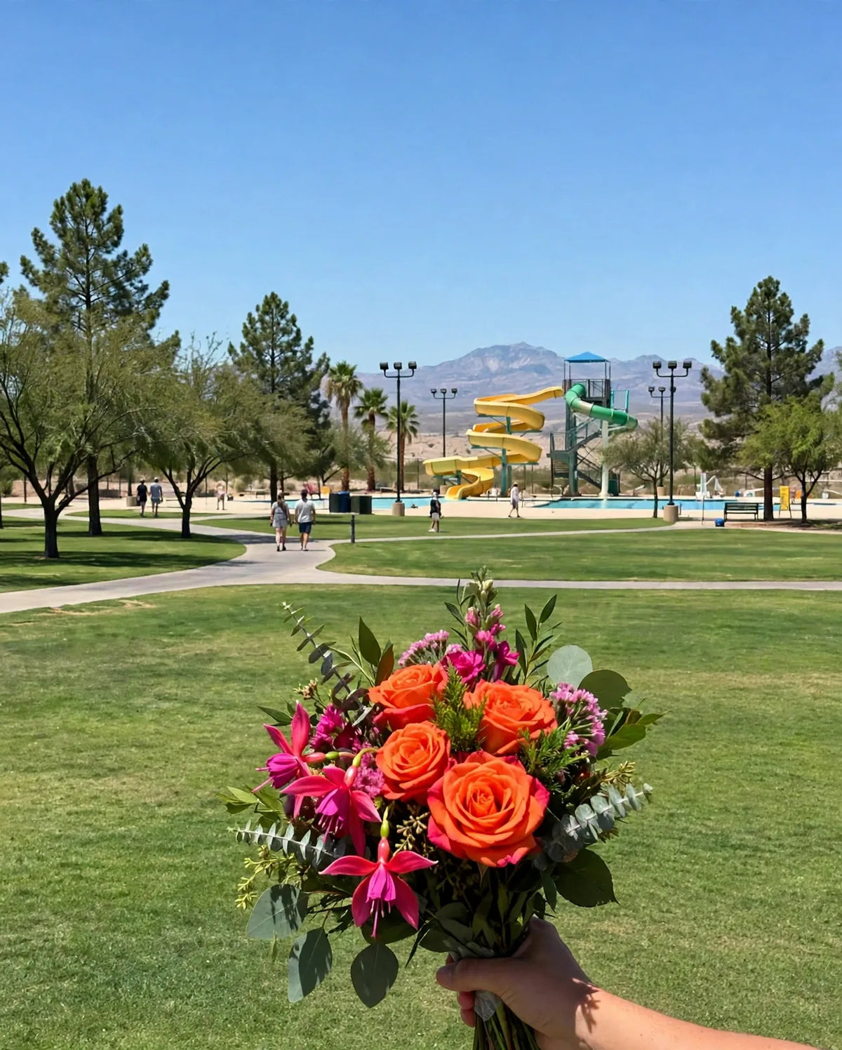 Bouquet held at Desert Breeze Park in Spring Valley, Las Vegas, with the park's waterslides behind