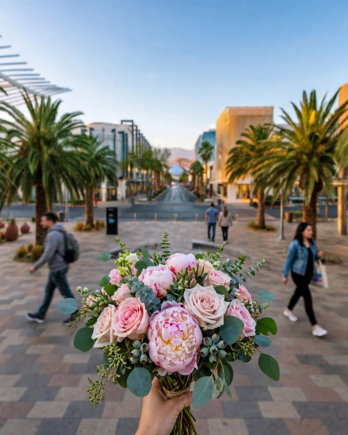 Hand-held bouquet of blush peonies and roses at Festival Plaza in Downtown Summerlin, Las Vegas